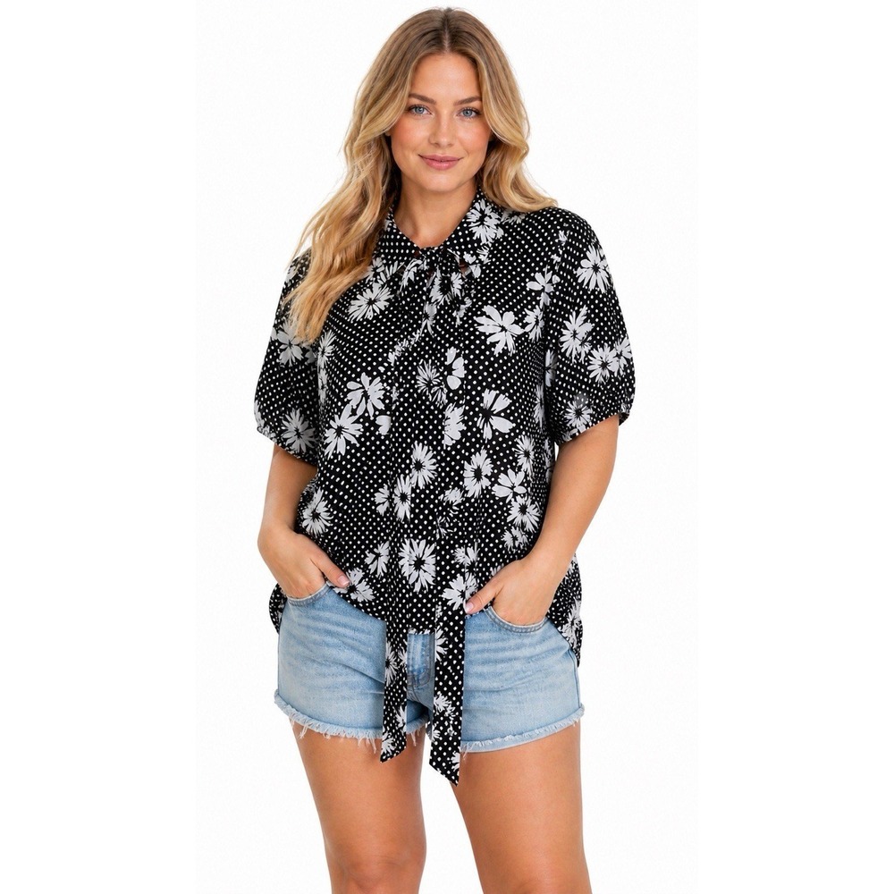 Vtg Blouse Top 20W Black Semi Sheer Polka Dot Floral Tie Boho Preppy Office